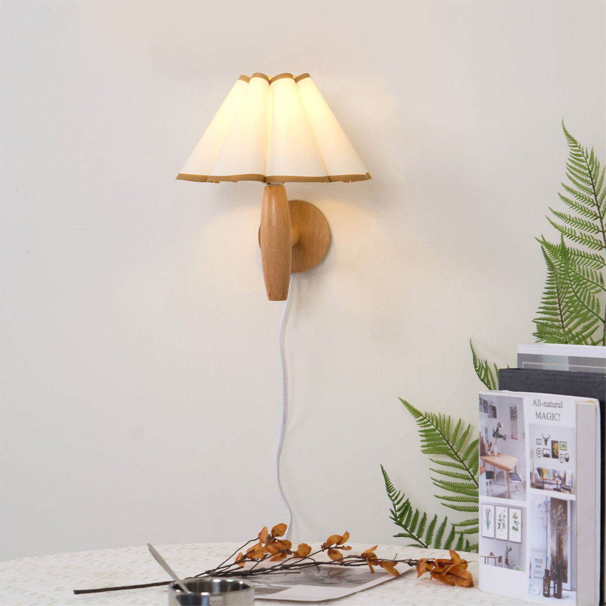 Plug-In Sconce with Fluted Fabric Shade 10 in Diameter Wood Frame for Bedroom Living Room Hallway Reading Nook Vintage Inspired Accent Light
