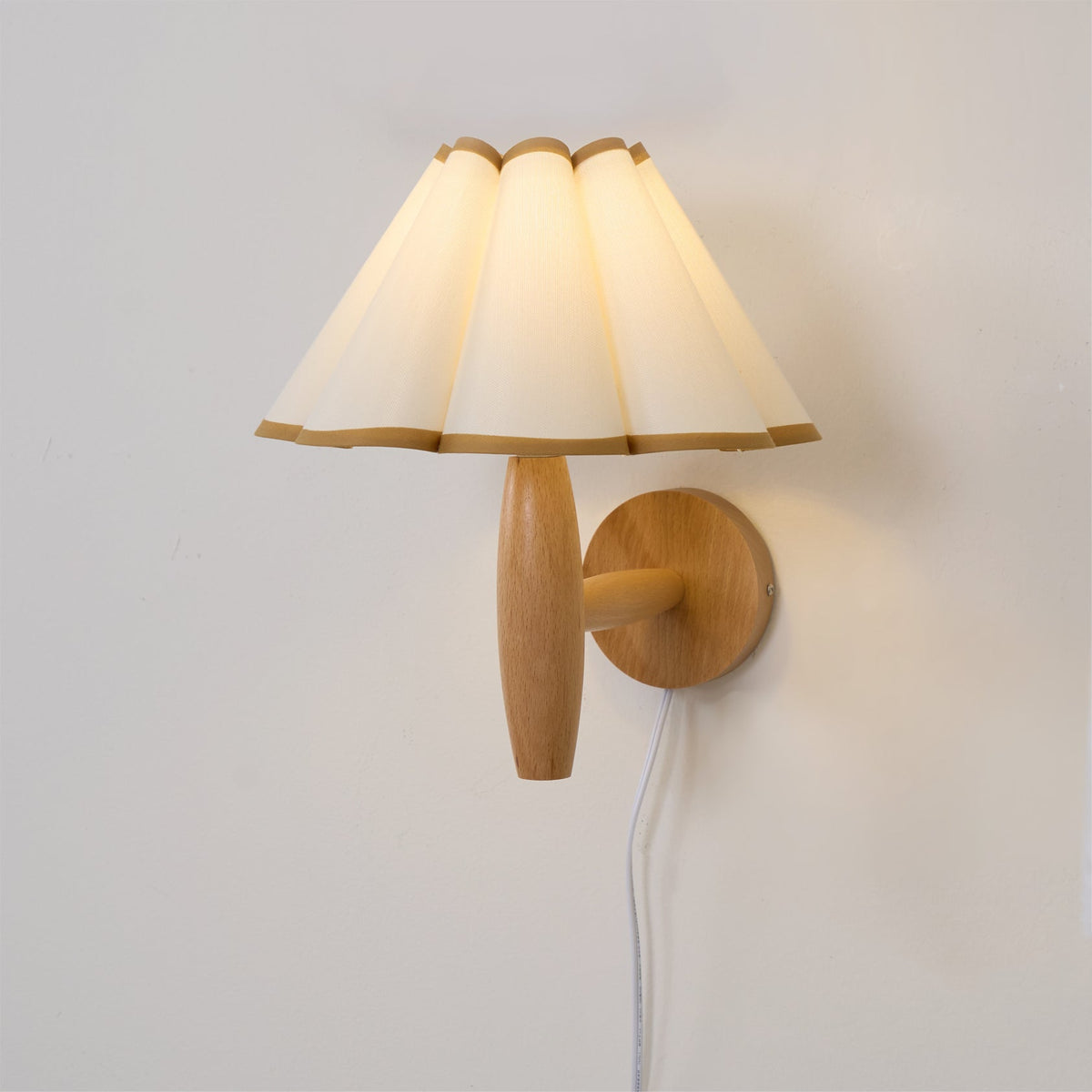 Plug-In Sconce with Fluted Fabric Shade 10 in Diameter Wood Frame for Bedroom Living Room Hallway Reading Nook Vintage Inspired Accent Light