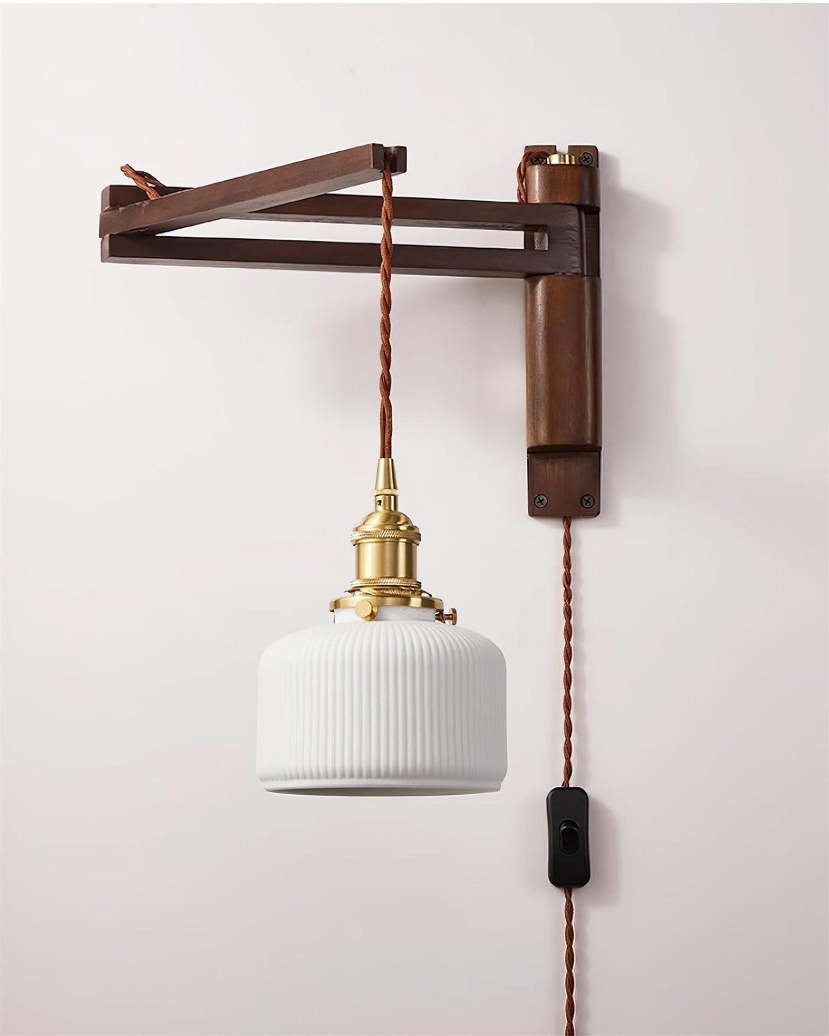 Swing-Arm Sconce with Wood & Brass Construction – Adjustable Directional Lighting for Bedroom, Reading Nook, Hallway – Multiple Shade Styles