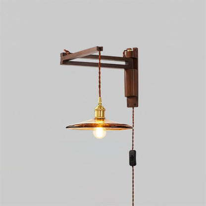 Swing-Arm Sconce with Wood & Brass Construction – Adjustable Directional Lighting for Bedroom, Reading Nook, Hallway – Multiple Shade Styles