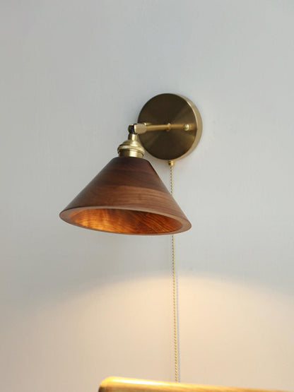 Walnut Wood Wall Sconce for Bedroom Hallway Living Room Ambient Lighting Brass Accent Fixture 6-7 inch Rustic Indoor Lamp Hardwired E26