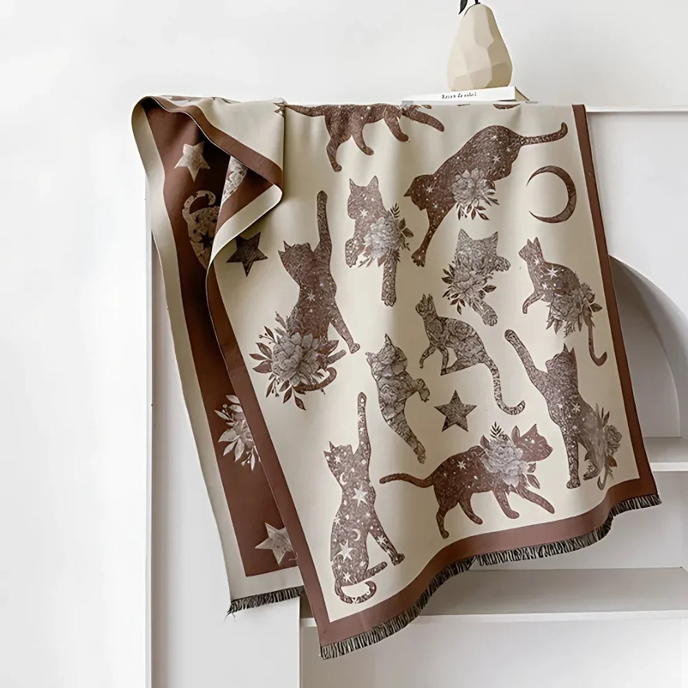 Viora Cat Print Scarf - Soft Microfiber, Vintage-Inspired Warmth