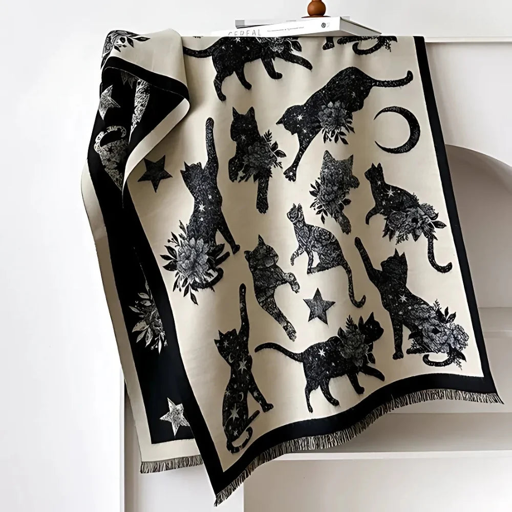 Viora Cat Print Scarf - Soft Microfiber, Vintage-Inspired Warmth
