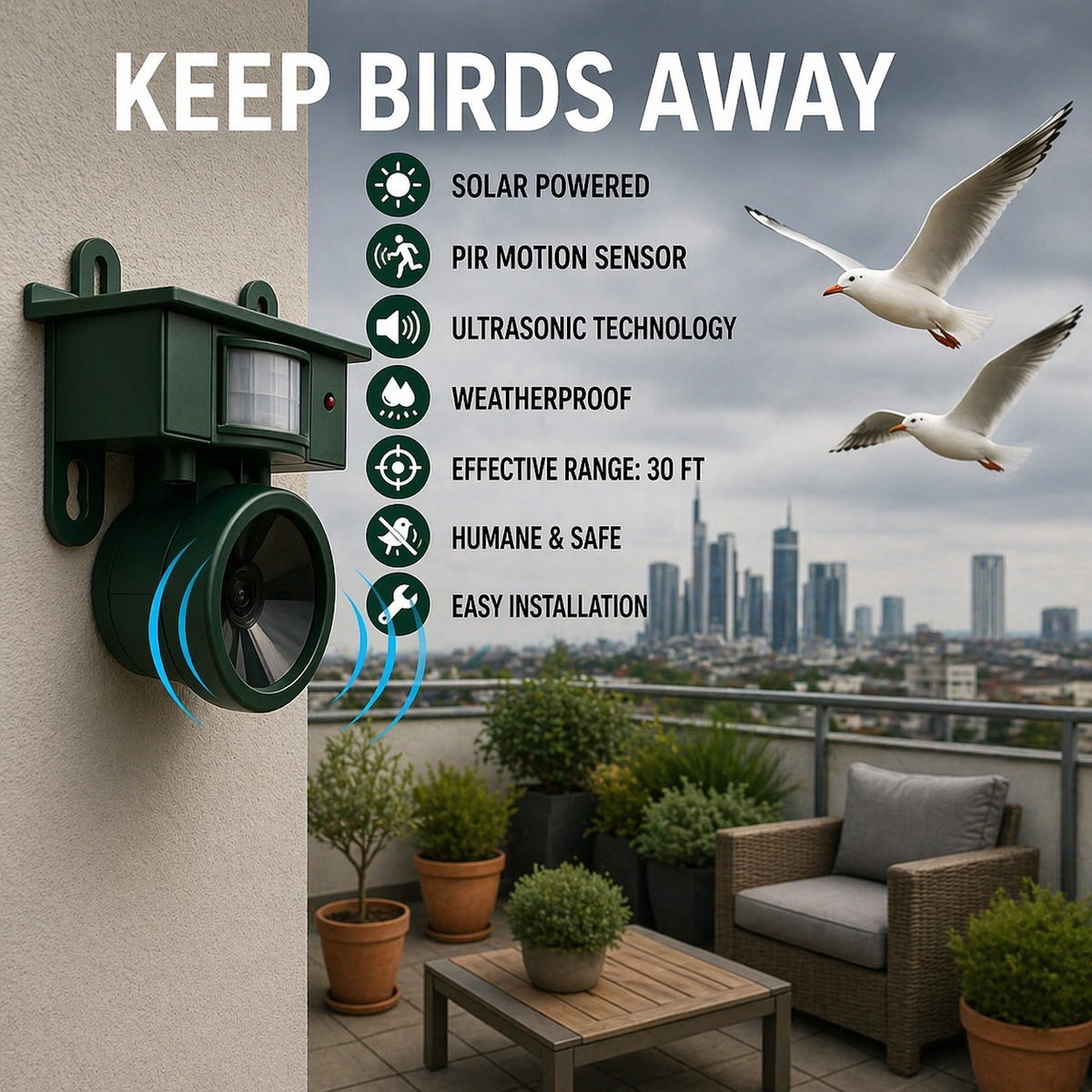 Solar-Powered Bird Deterrent with Motion Sensor and Predator Calls for Yard, Patio, and Roof Protection