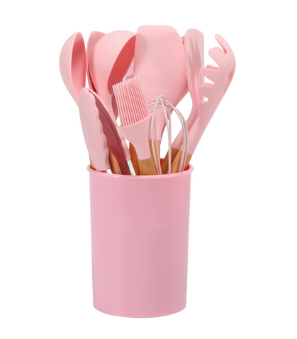 12-Piece Silicone Kitchen Utensil Set with Bamboo Handles and Holder – Heat-Resistant Nonstick Cooking Tools for Home Chefs