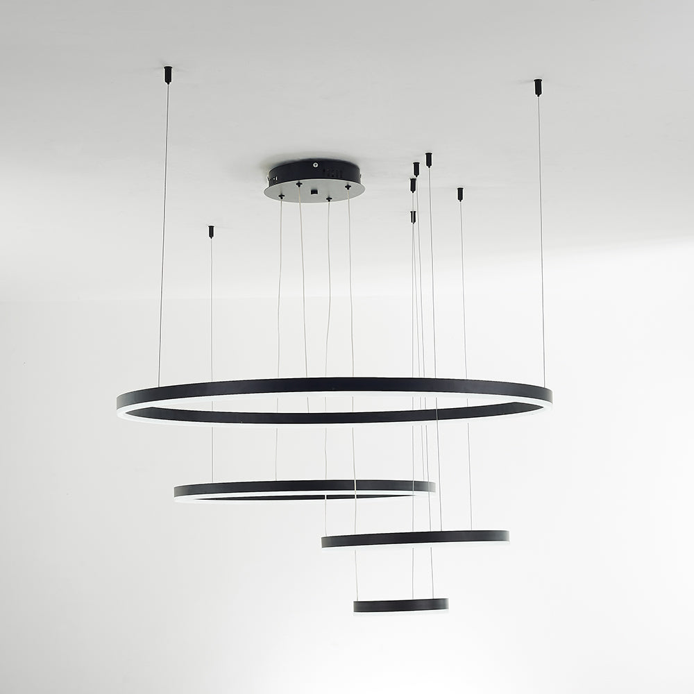 Multi-Ring LED Chandelier Adjustable Height Metal Acrylic Fixture 16-31 Inch Diameter Dimmable Suspended Ceiling Light for Dining Room Kitch