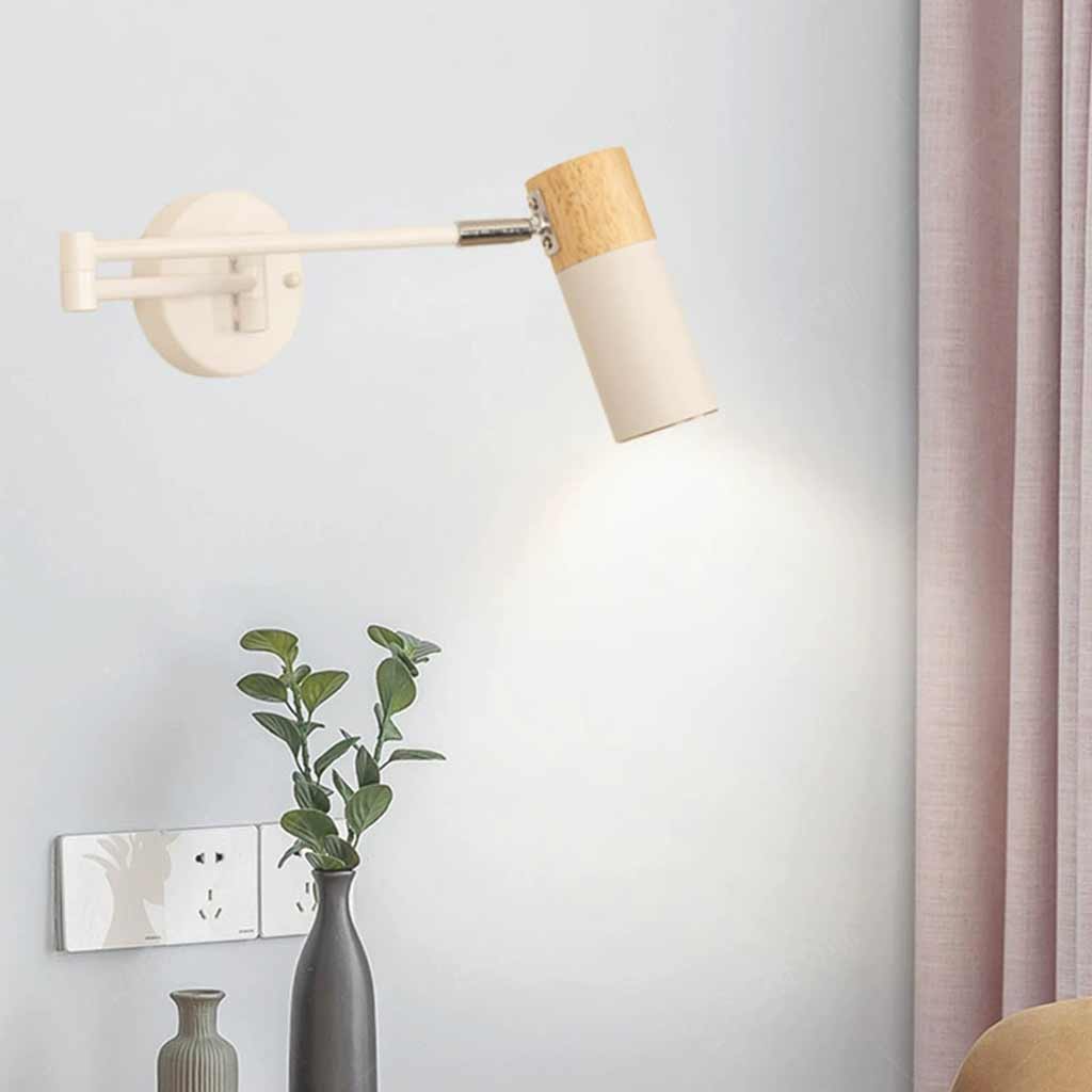 Swing Arm LED Sconce with 3 Light Temperatures for Bedroom Reading Nook Study Hallway | Wood Iron Adjustable Fixture 6 Inch Diameter White B