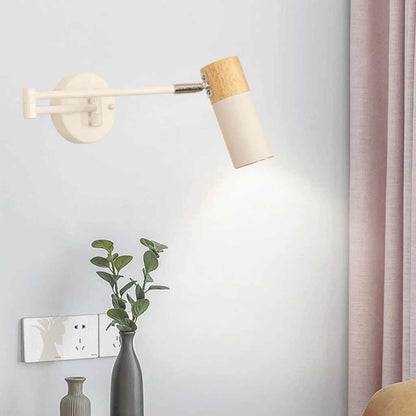 Swing Arm LED Sconce with 3 Light Temperatures for Bedroom Reading Nook Study Hallway | Wood Iron Adjustable Fixture 6 Inch Diameter White B