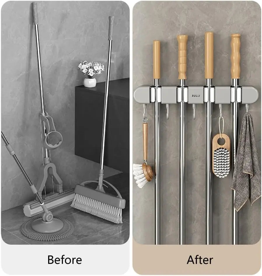 Wall-Mount Tool Organizer for Brooms, Mops & Household Items – Space-Saving Storage Rack for Garage, Closet & Utility Room – Sturdy Grip Hol