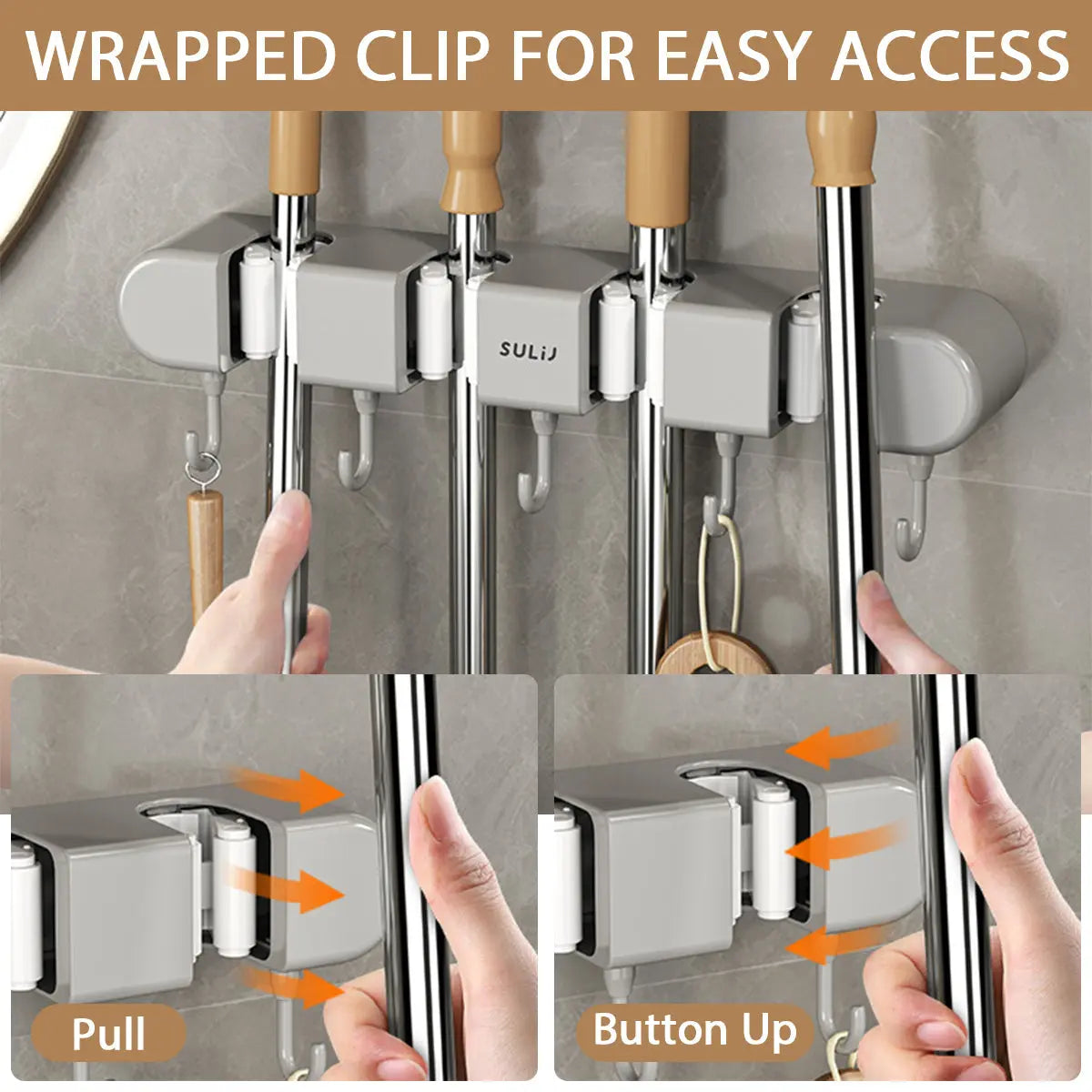 Garage Storage Rack With 4 Grips 5 Hooks For Brooms Mops Tools 13 Inch Stainless Steel Utility Organizer For Workshop Kitchen Laundry Room