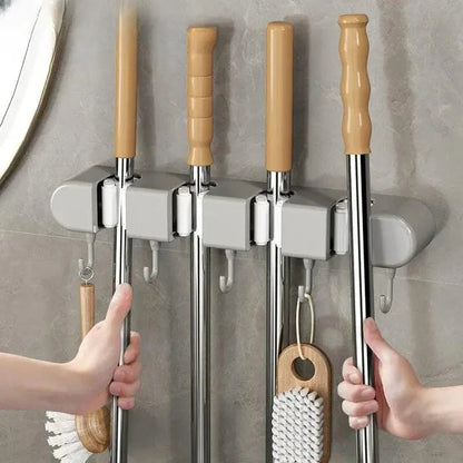 Garage Storage Rack With 4 Grips 5 Hooks For Brooms Mops Tools 13 Inch Stainless Steel Utility Organizer For Workshop Kitchen Laundry Room