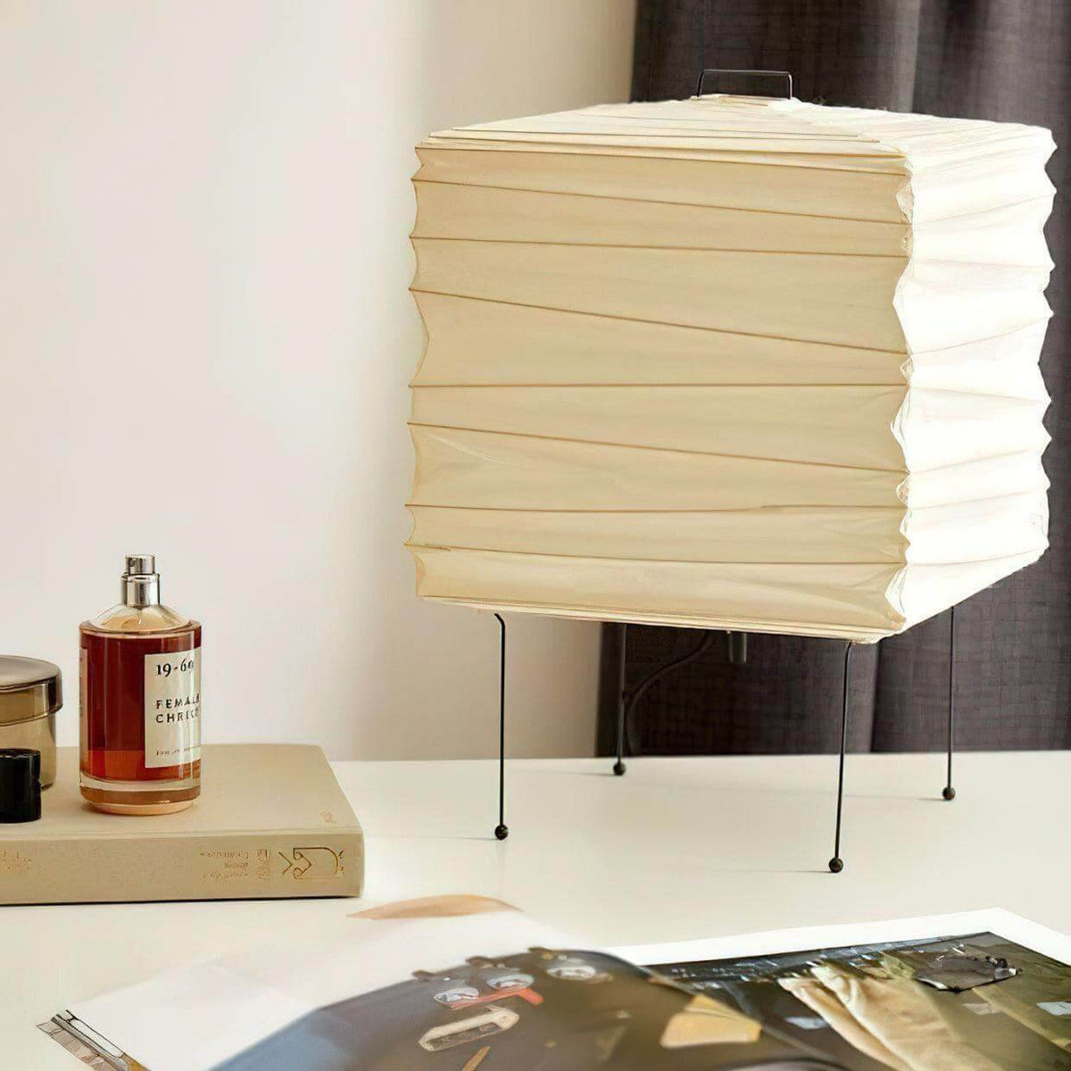 Geometric Paper Cube Lamp with Wire Stand for Bedroom Desk Nightstand Living Room Office Handcrafted Ambient Lighting Minimalist Accent 9×15