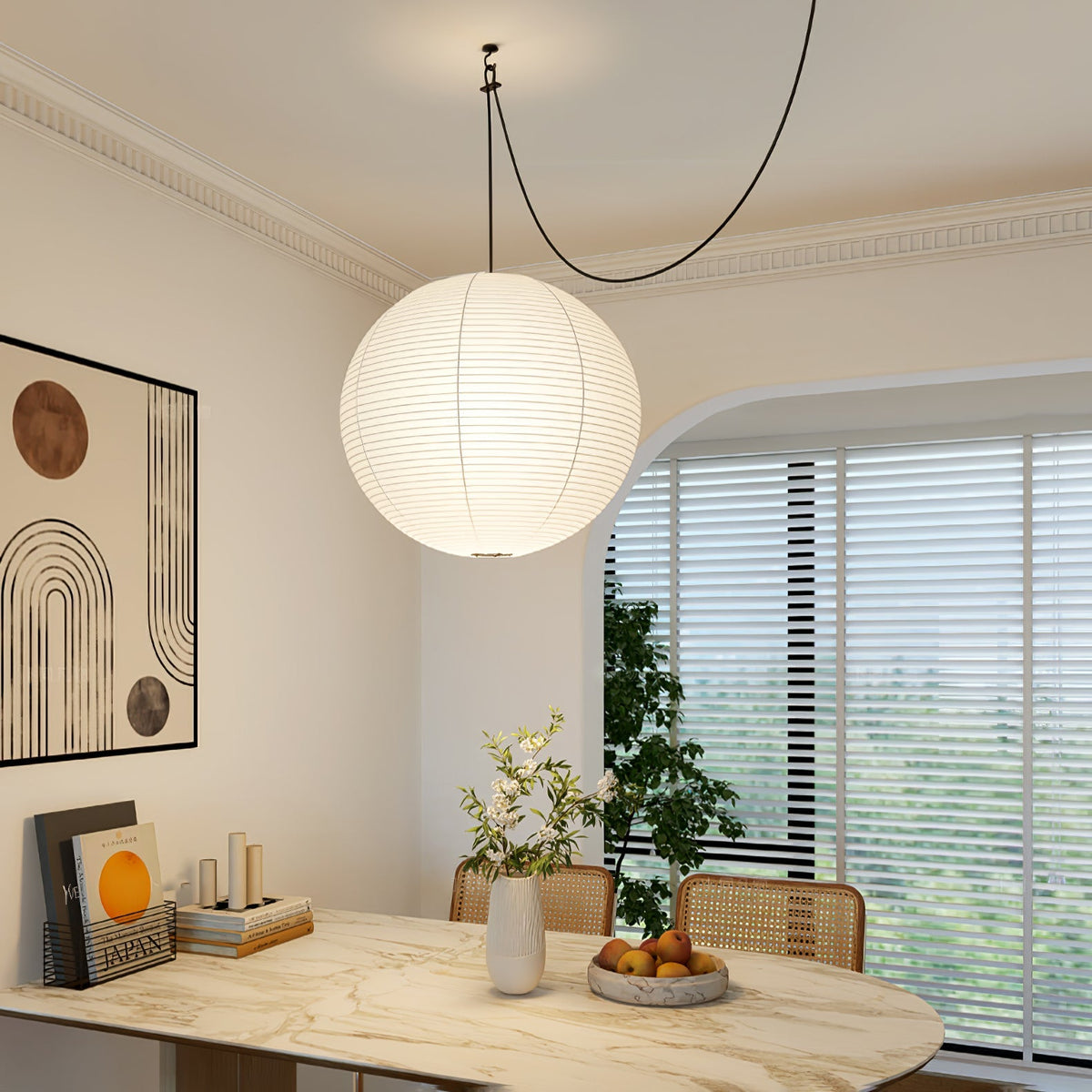 Handmade Paper Globe Drop Light for Kitchen Island & Dining Room – Adjustable Cable, E26 Socket, Soft Ambient Glow – Modern Overhead Fixture