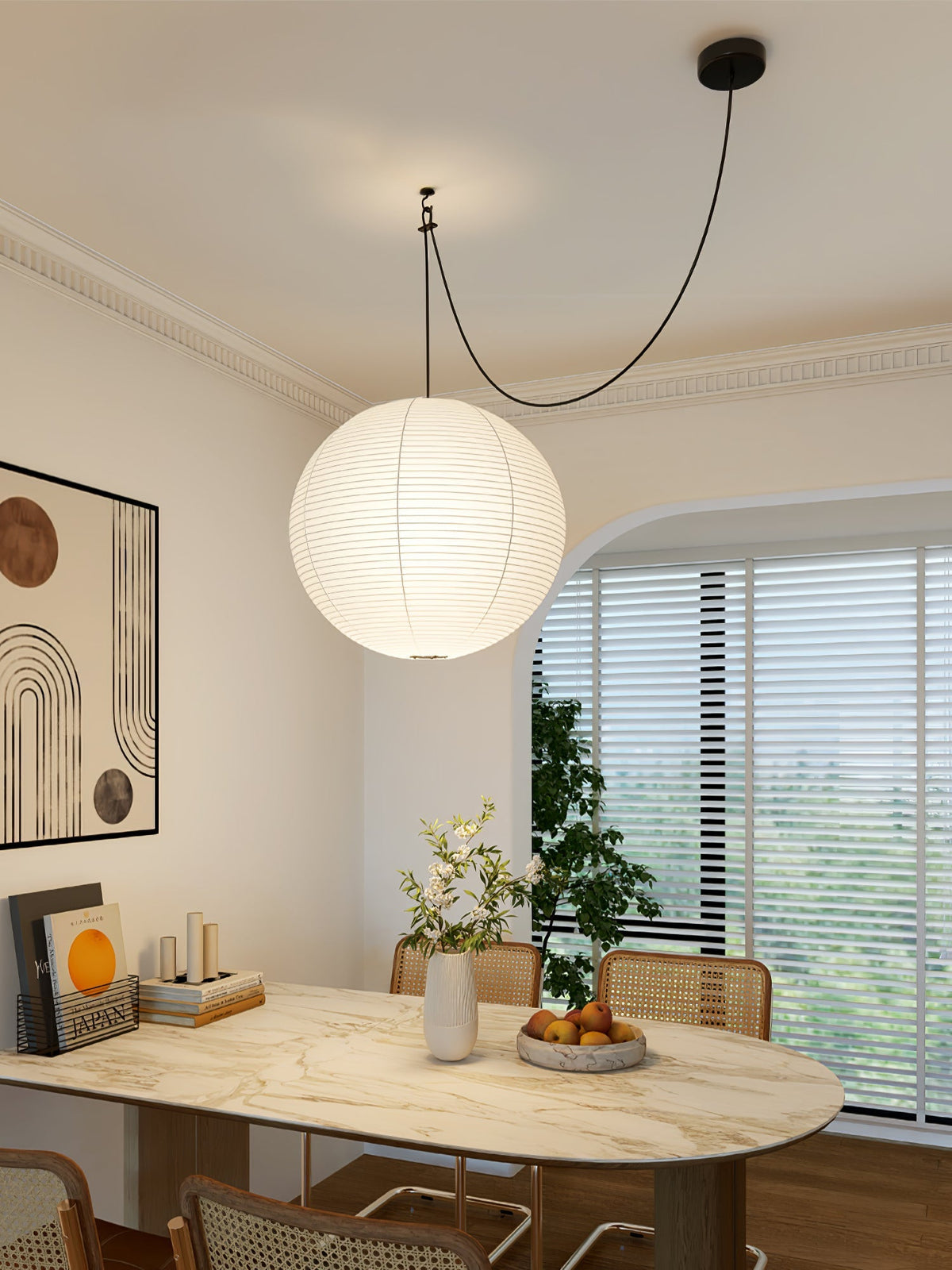 Handmade Paper Globe Drop Light for Kitchen Island & Dining Room – Adjustable Cable, E26 Socket, Soft Ambient Glow – Modern Overhead Fixture