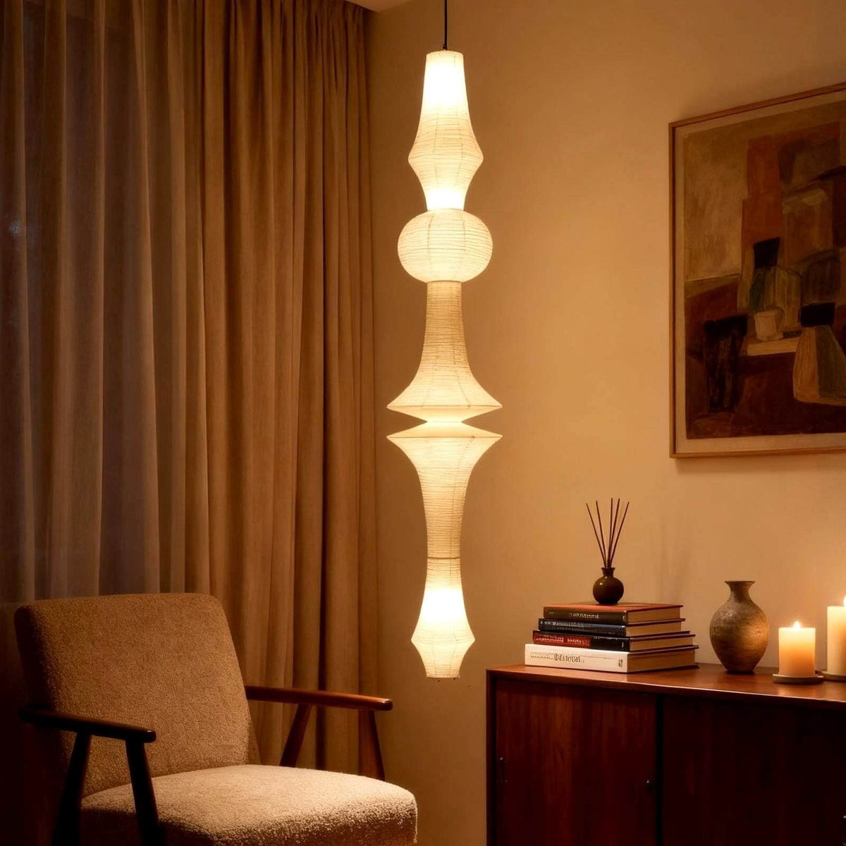 Overhead Hanging Fixture with Paper Shade for Kitchen Island or Breakfast Nook | Cylindrical Drop Lamp in White or Warm Tone | E26 Socket Ce