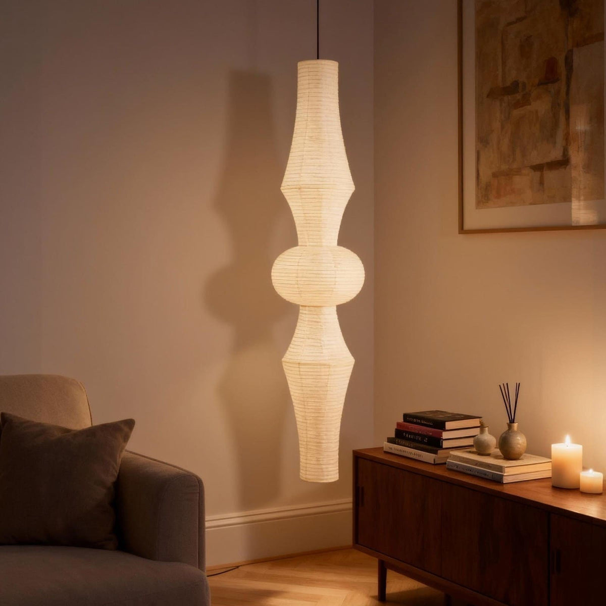 Overhead Hanging Fixture with Paper Shade for Kitchen Island or Breakfast Nook | Cylindrical Drop Lamp in White or Warm Tone | E26 Socket Ce