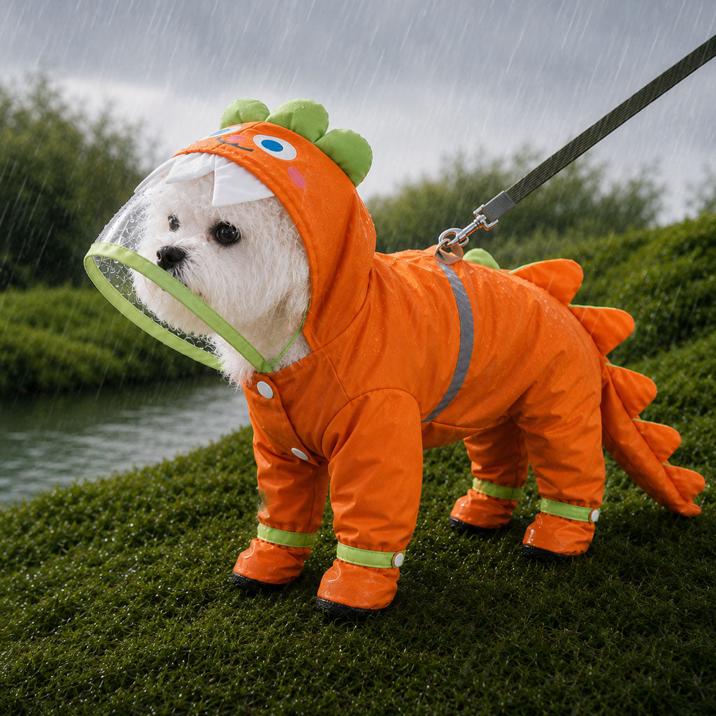 Ortekor Dinosaur Dog Raincoat with Clear Visor Hood – Full-Body Waterproof Pet Suit for Rain, Mud & Outdoor Walks