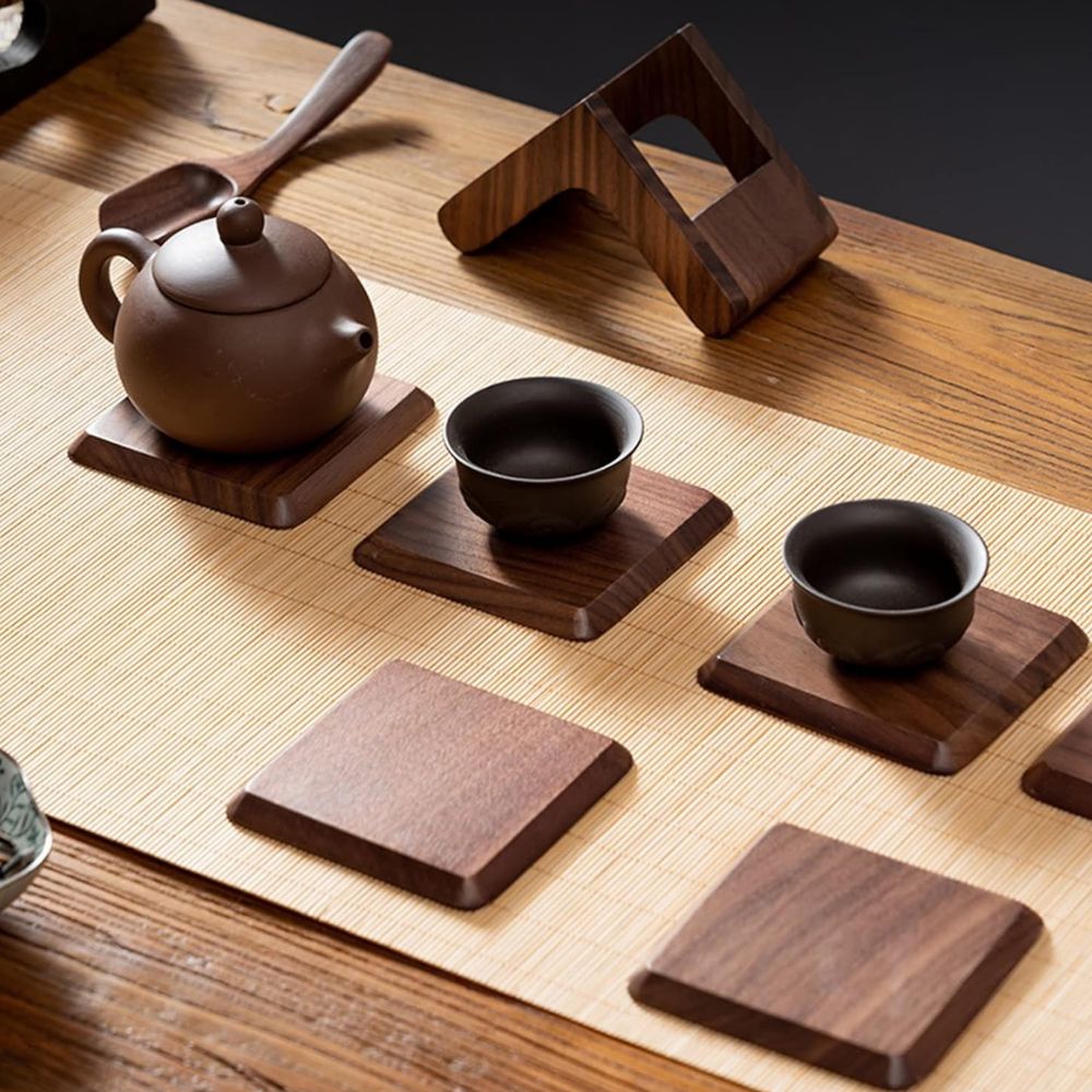 Wesley Coaster Set - Black Walnut and Beech, 6 Pieces with Holder