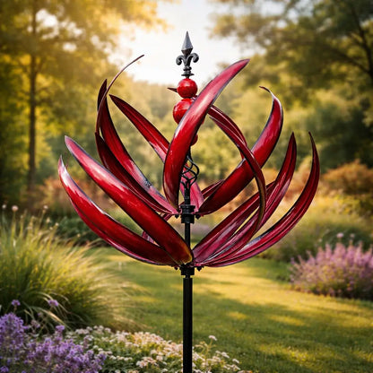 Rotating Lotus Metal Garden Wind Spinner for Outdoor Yard Decor 35 in Tall Dual-Motion Weatherproof Stake