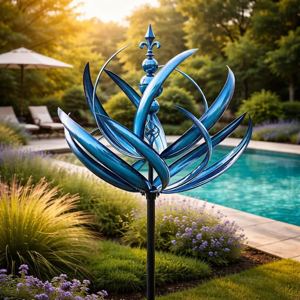 Rotating Lotus Metal Garden Wind Spinner for Outdoor Yard Decor 35 in Tall Dual-Motion Weatherproof Stake