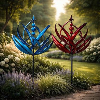 Rotating Lotus Metal Garden Wind Spinner for Outdoor Yard Decor 35 in Tall Dual-Motion Weatherproof Stake