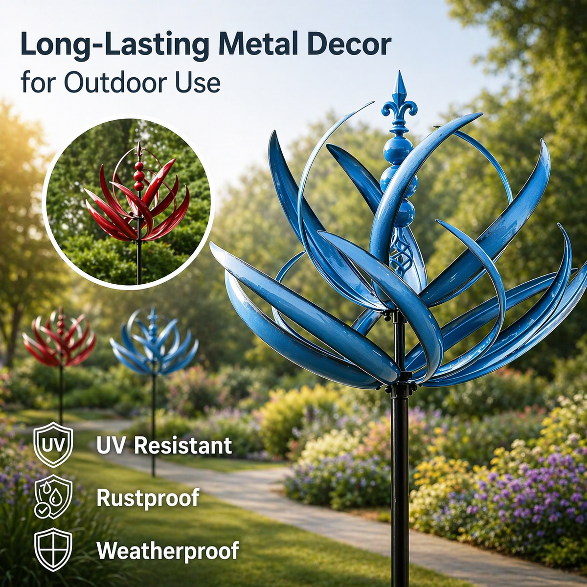 Rotating Lotus Metal Garden Wind Spinner for Outdoor Yard Decor 35 in Tall Dual-Motion Weatherproof Stake