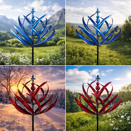 Rotating Lotus Metal Garden Wind Spinner for Outdoor Yard Decor 35 in Tall Dual-Motion Weatherproof Stake
