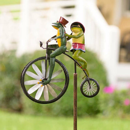 Metal Garden Windmill Spinner with Animals on Bicycle – Outdoor Yard Art Sculpture for Lawn & Patio Decoration