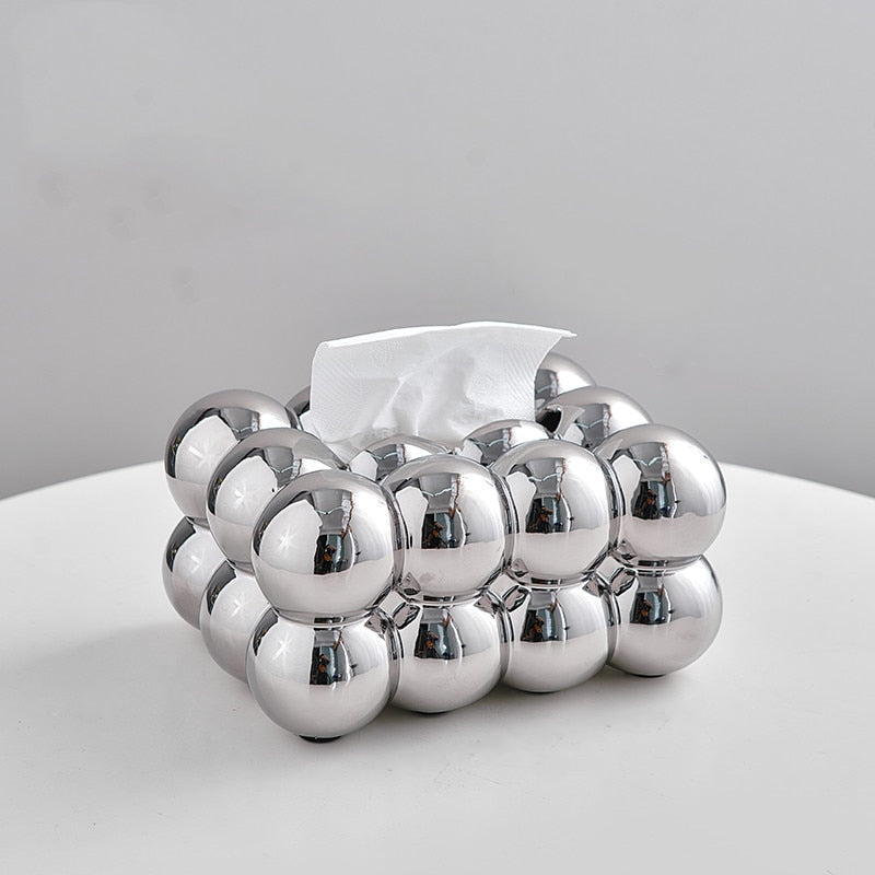 Whimsical Ball Shape Ceramic Tissue Box Cover – Blue and Silver Options