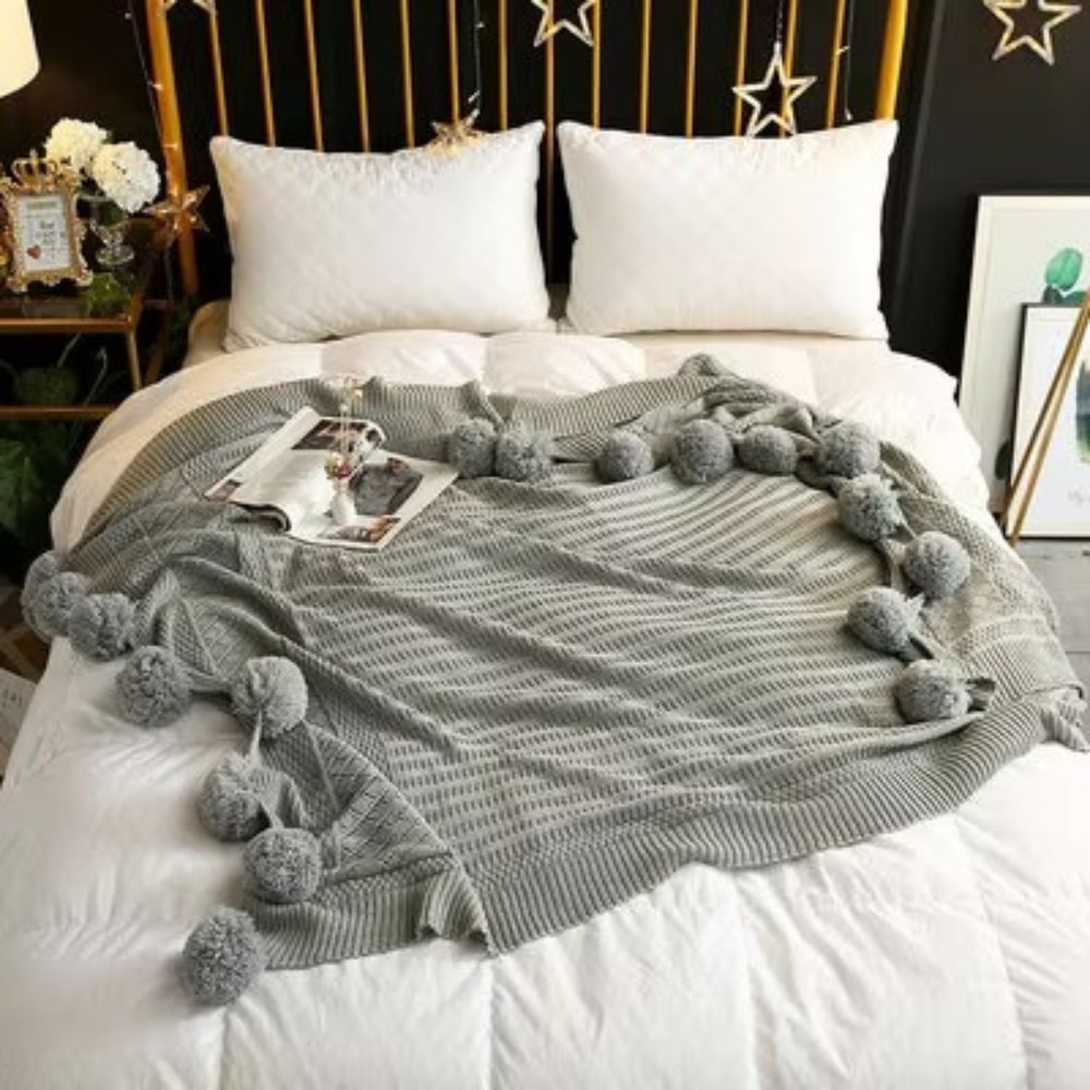Manta decorativa Whimsy - Microfibra suave, diseño tejido con pompones