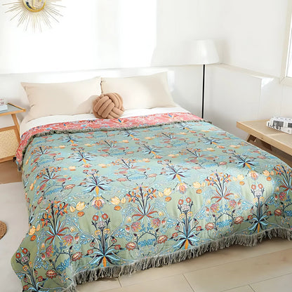 Reversible Cotton Throw Blanket with Tassels - Jacquard Floral Bedspread for Couch, Sofa & Bed - 100% Breathable Woven Fabric - 79x91 in