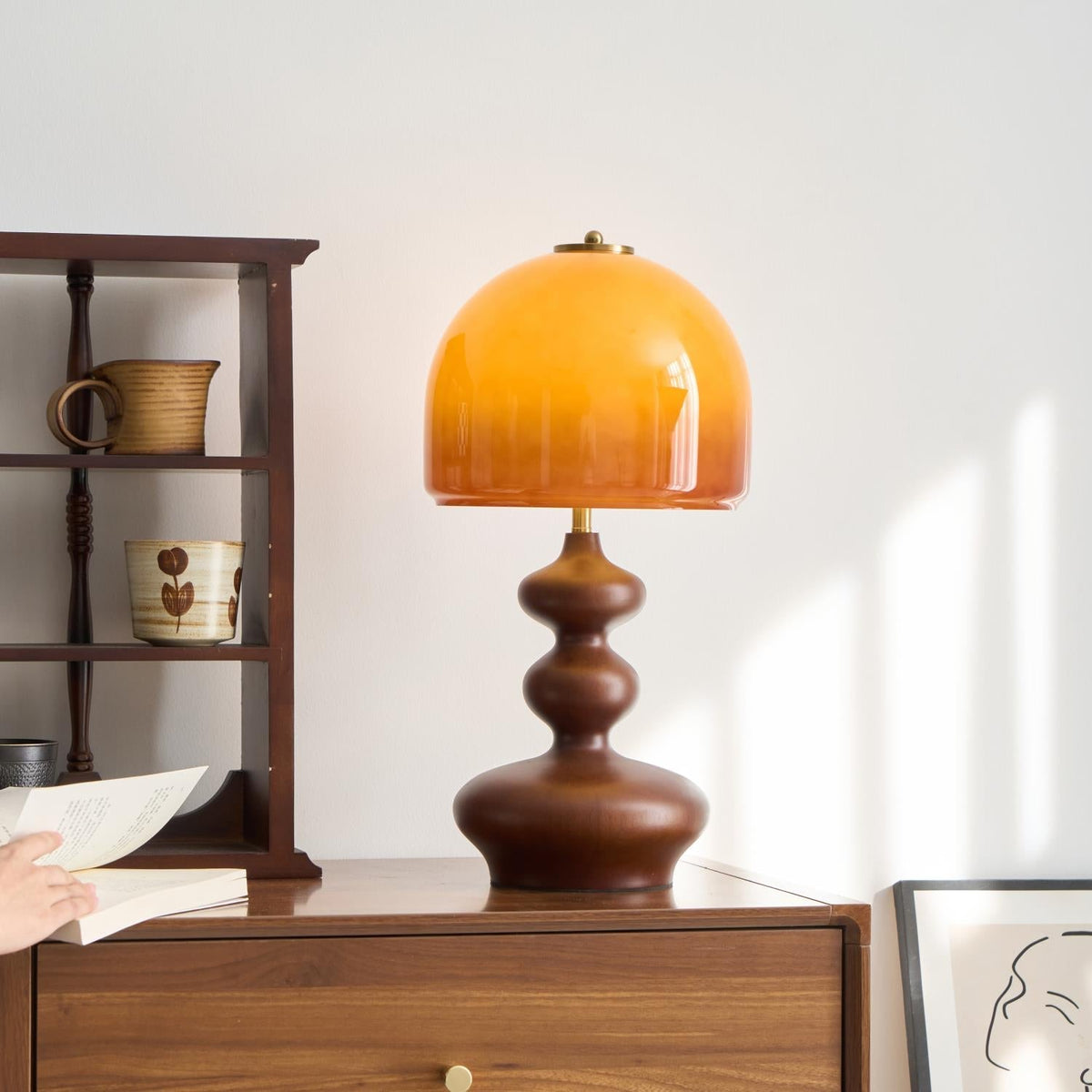 Wooden Desk Lamp with Amber Glass Shade 10 in × 20 in for Nightstand Bedroom Office Cozy Reading Light
