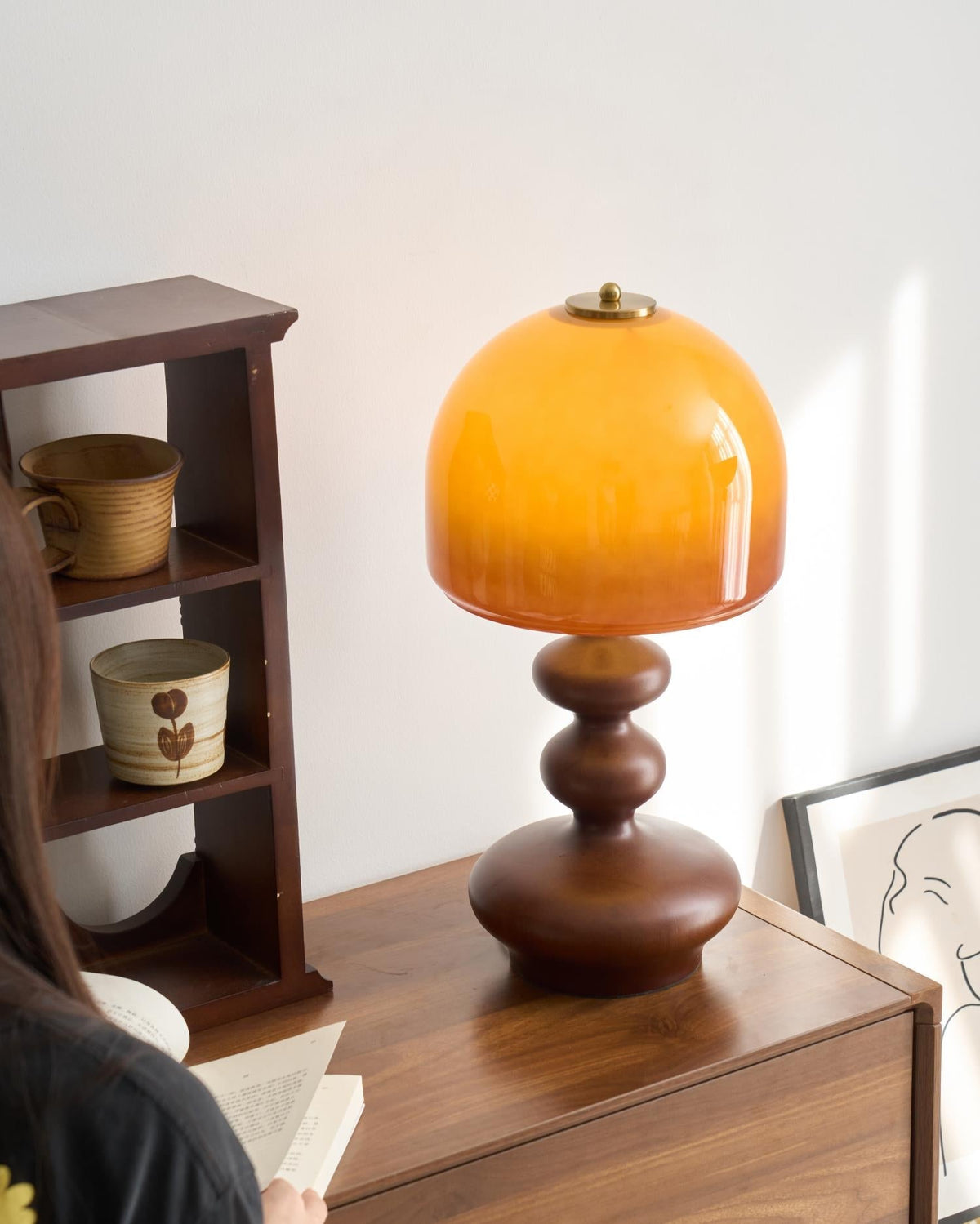 Wooden Desk Lamp with Amber Glass Shade 10 in × 20 in for Nightstand Bedroom Office Cozy Reading Light