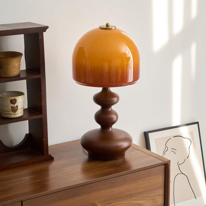 Wooden Desk Lamp with Amber Glass Shade 10 in × 20 in for Nightstand Bedroom Office Cozy Reading Light