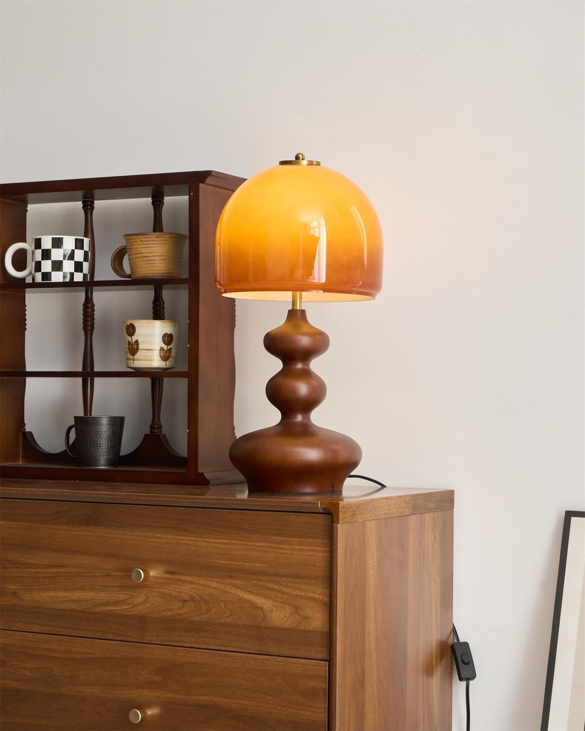 Wooden Desk Lamp with Amber Glass Shade 10 in × 20 in for Nightstand Bedroom Office Cozy Reading Light