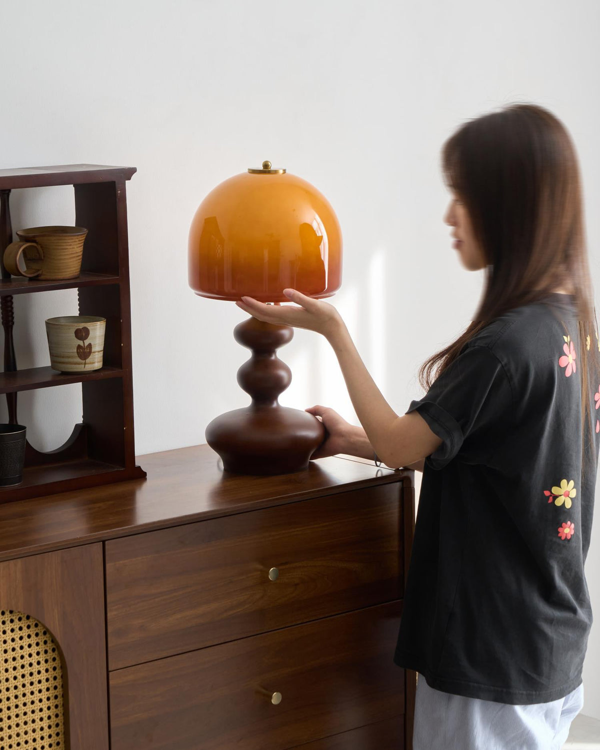 Wooden Desk Lamp with Amber Glass Shade 10 in × 20 in for Nightstand Bedroom Office Cozy Reading Light