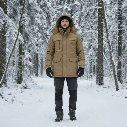 Windproof Fleece-lined Parka with Removable Fur Hood for Warmth and Comfort
