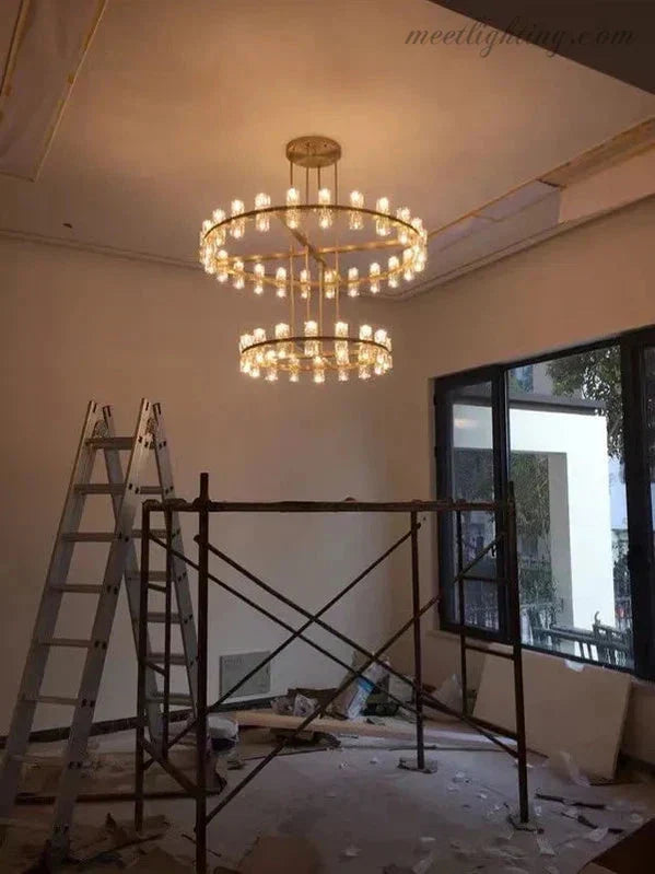 Two-Tier Crystal Chandelier 60 Inch Round Statement Lighting 108 Bulbs for Dining Room Living Room Bedroom Hotel Restaurant Grand Entryway