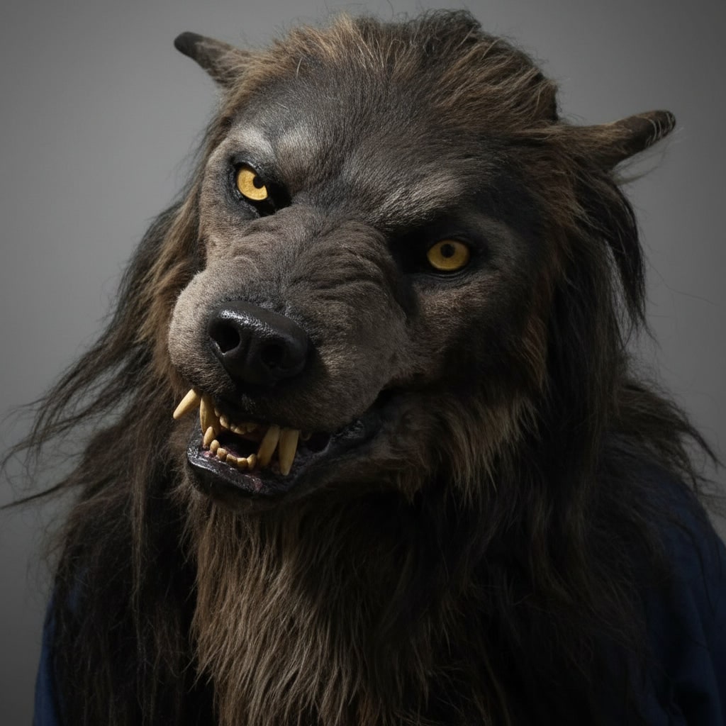 Wolf Halloween Mask Realistic, Werewolf Mask Full Face with Fur Texture Snout and Fangs, Scary Mask for Adults