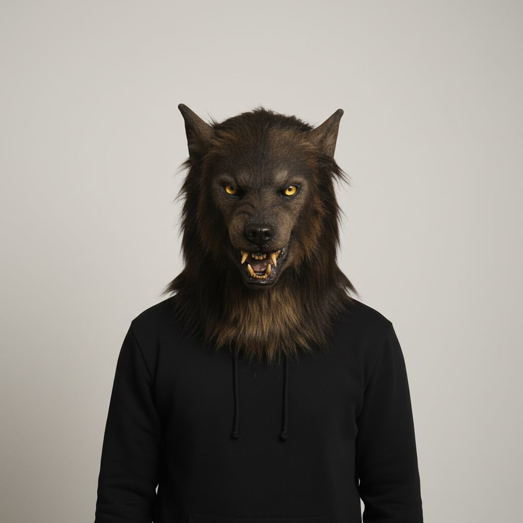Wolf Halloween Mask Realistic, Werewolf Mask Full Face with Fur Texture Snout and Fangs, Scary Mask for Adults