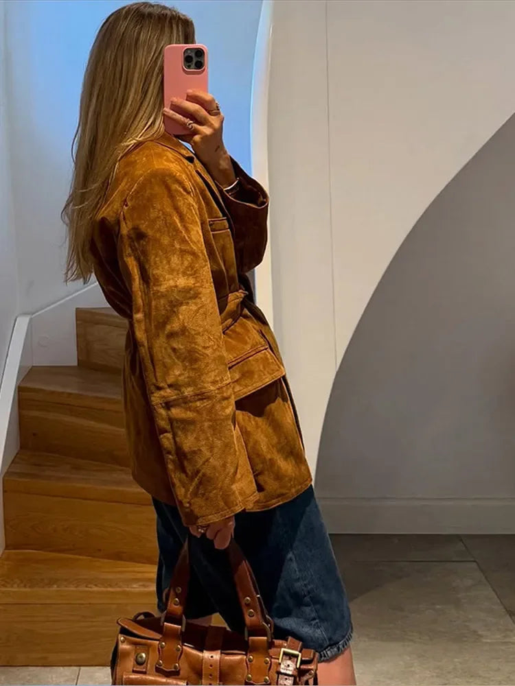 Long Sleeve Lapel Jacket for Women – Suede Coat with Pockets for Fall