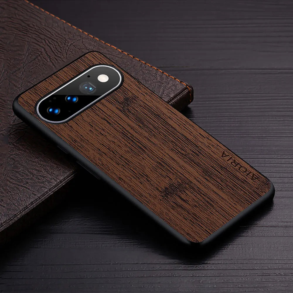 Google Pixel Natural Wood Grain Phone Case – Premium PU Leather with Raised Edge Protection for Screen & Camera