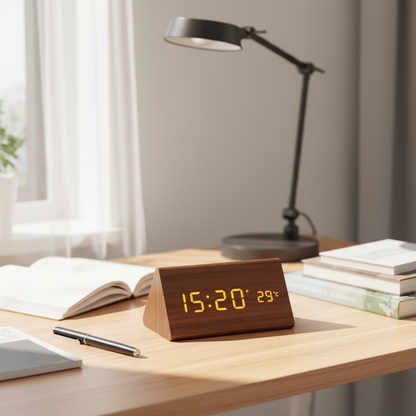 WoodSense | LED Wooden Clock with Voice Control & Adjustable Brightness | Elegant Time Display for Any Room