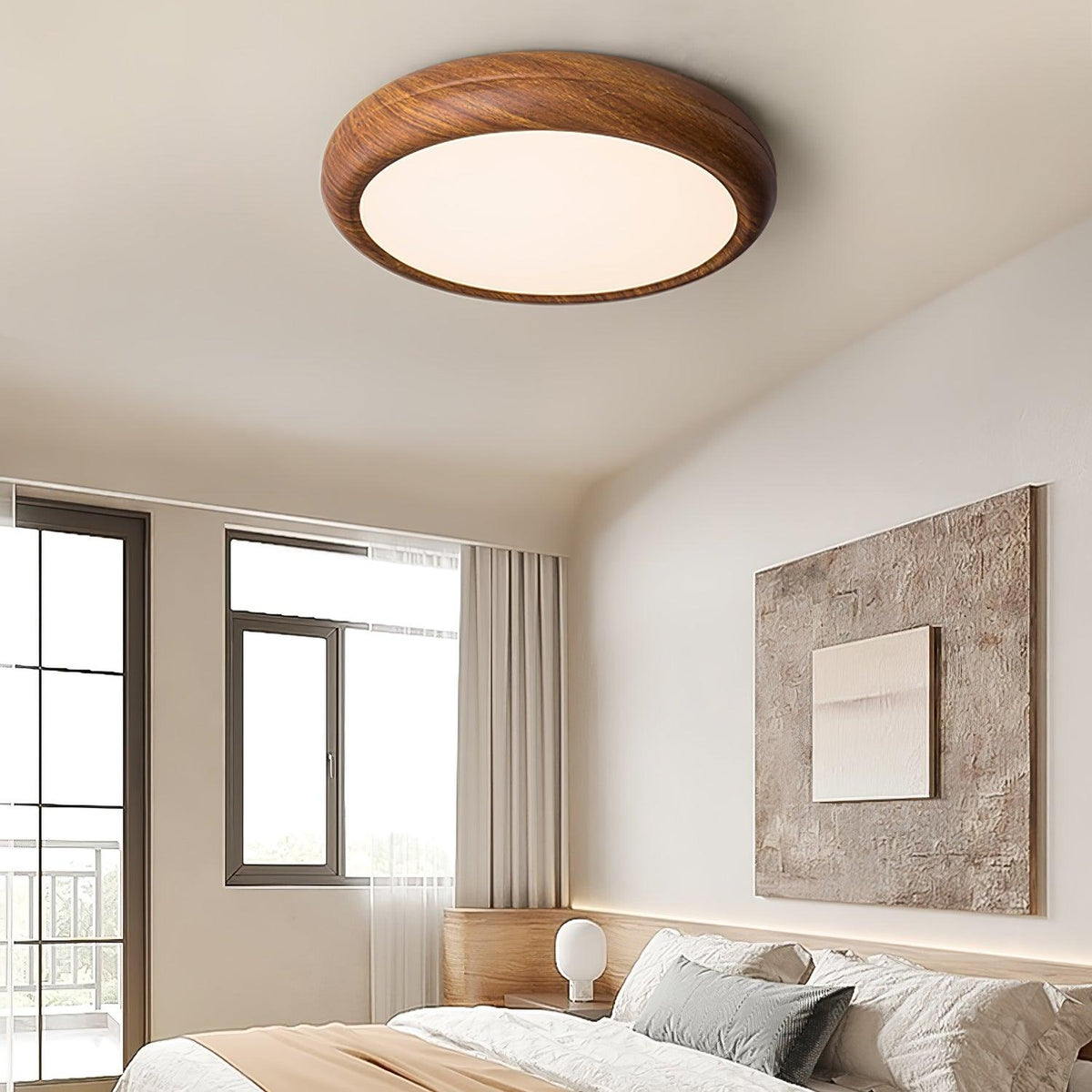 LED Flush Mount Ceiling Fixture 20 in Walnut Finish for Bedroom Living Room Kitchen Low Profile Integrated Light Acrylic Diffuser Modern Min