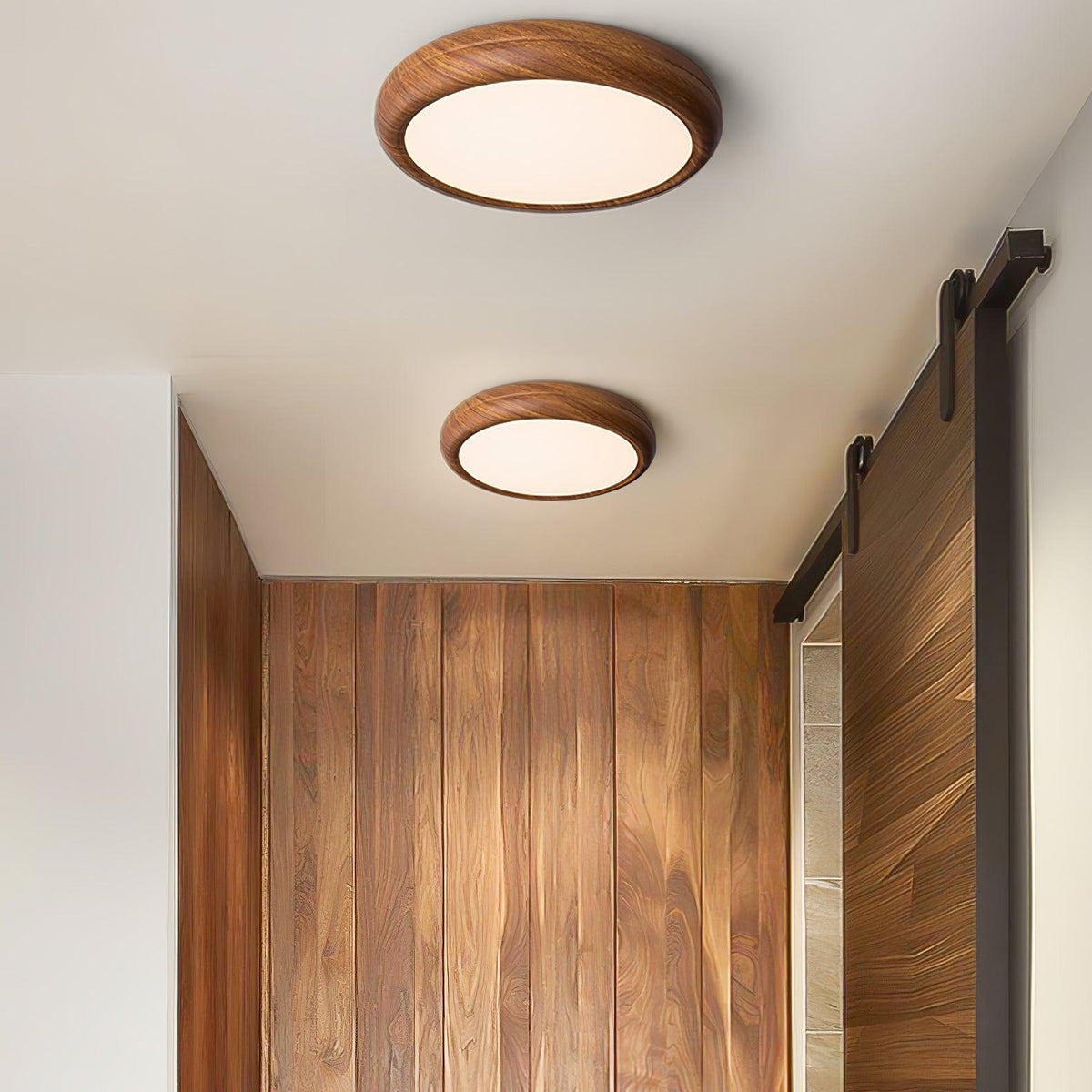 LED Flush Mount Ceiling Fixture 20 in Walnut Finish for Bedroom Living Room Kitchen Low Profile Integrated Light Acrylic Diffuser Modern Min