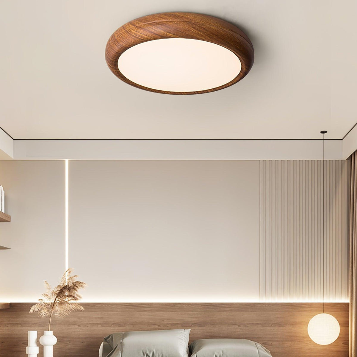 LED Flush Mount Ceiling Fixture 20 in Walnut Finish for Bedroom Living Room Kitchen Low Profile Integrated Light Acrylic Diffuser Modern Min