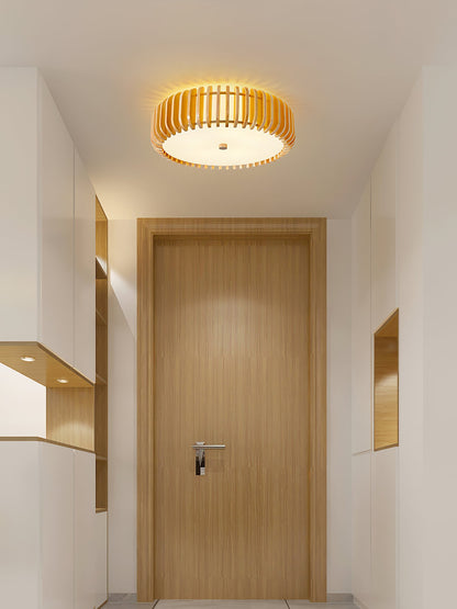Round Ceiling Light with Wood-Tone Frame and White Diffuser for Dining Room, Living Room, Kitchen, Bedroom | Modern Low-Profile Fixture for