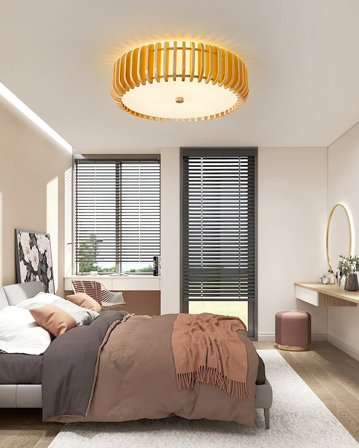 Round Ceiling Light with Wood-Tone Frame and White Diffuser for Dining Room, Living Room, Kitchen, Bedroom | Modern Low-Profile Fixture for