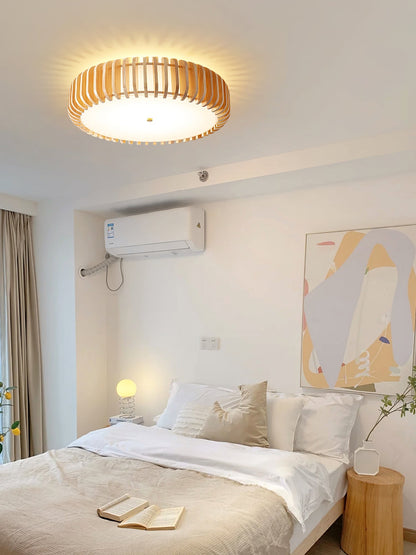 Round Ceiling Light with Wood-Tone Frame and White Diffuser for Dining Room, Living Room, Kitchen, Bedroom | Modern Low-Profile Fixture for