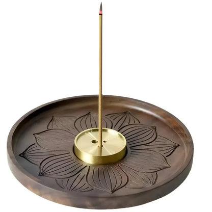 Soporte de madera para incienso con inserto de cobre, cuenco para recoger ceniza, ideal para varitas y conos de incienso, uso en meditación y rituales